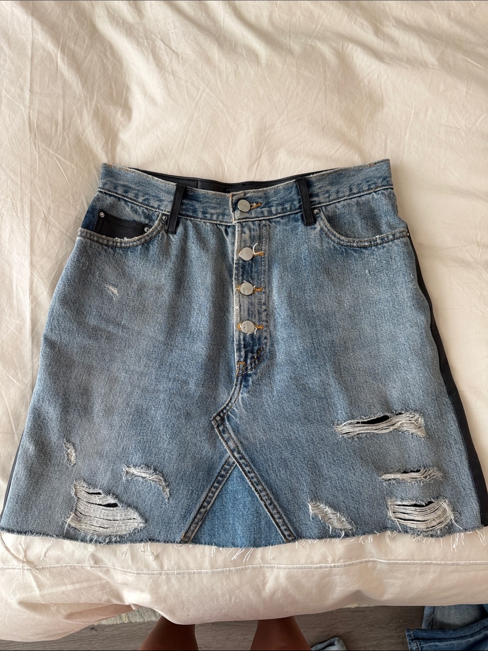 AMIRI DENIM + LEATHER MINI SKIRT